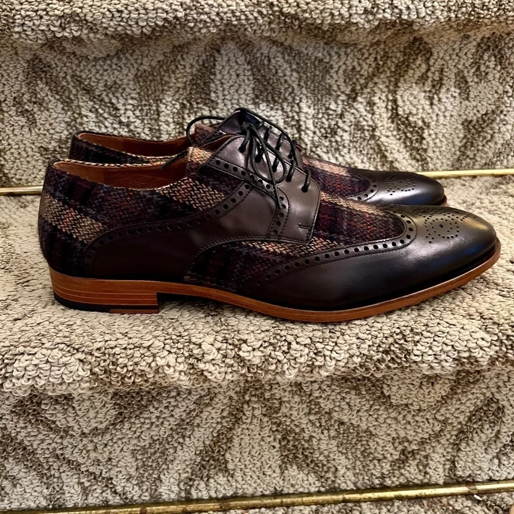 Taft Wallace Lace Up Brogue Wingtip Oxford Shoes Black & Brown Plaid Sz 46 or 13